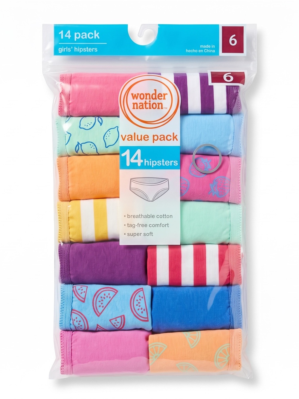 Wonder Nation Girls' Hipster Underwear Value Pack (14-Pack, Size 6)